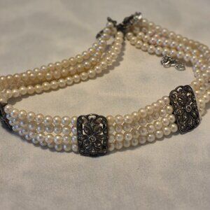 Judith Jack 4-Strand Faux Pearl & Marcasite Choker Necklace – Pre-Owned, Vintage